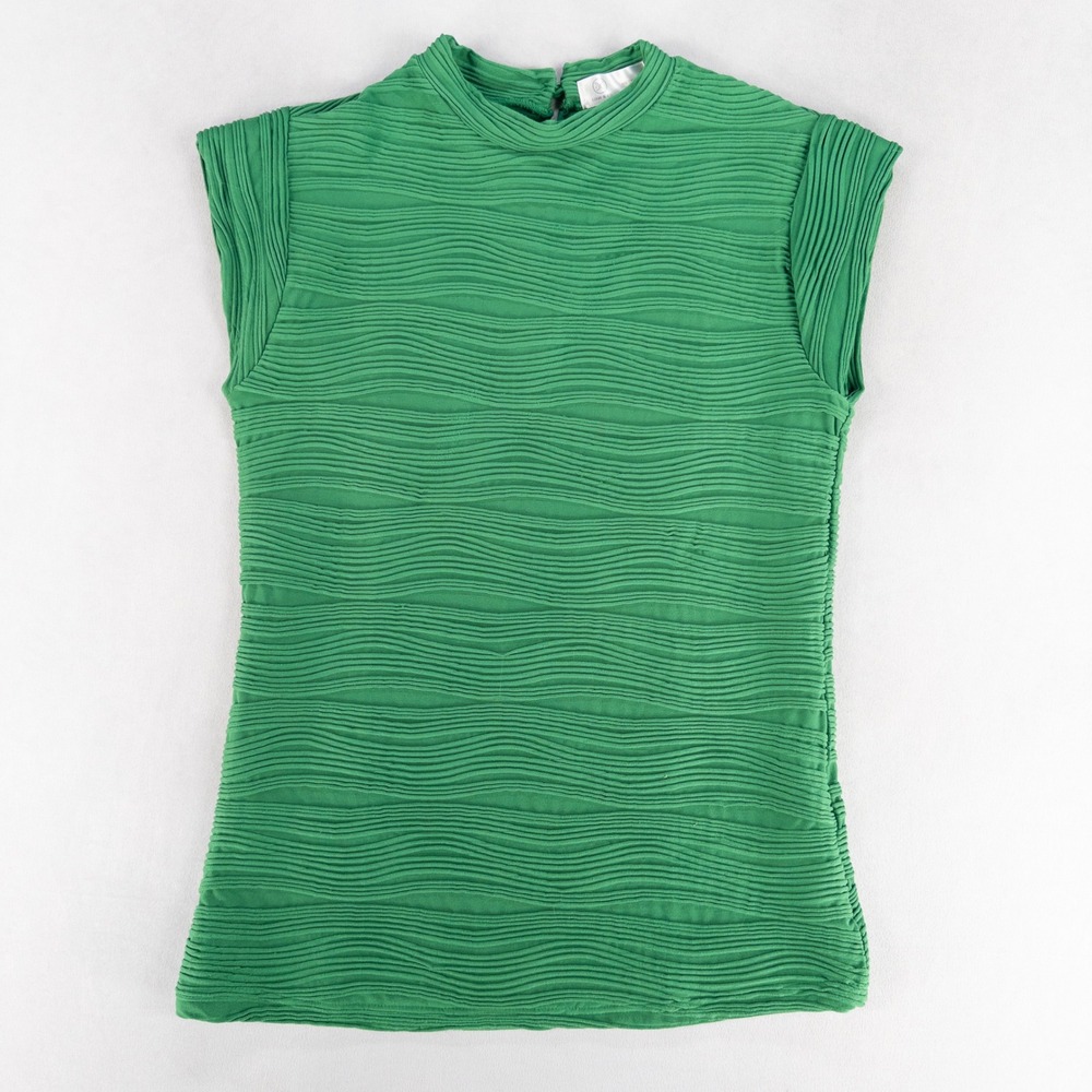 Liam & Co Womens Sleeveless Top Medium Green Wavy Pleated Mock Neck Stretch Knit